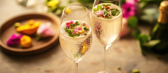 Elegant champagne glasses adorned with edible flowers and fresh herbs on a rustic table setting perfect for celebrations and special occasions.