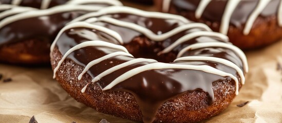 Brown chocolate drizzled yeast ring donut showcasing glazed chocolate and white sauce on a textured background for food photography.