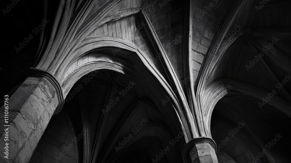 Poster Monochrome view of intricate architectural arches highlighting details and textures in a historic canopy design
