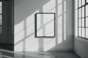 Two blank white paintings in black frame hanging on wall in empty stylish room. Interior mockup with photos on wall. Empty picture frames for editing and design