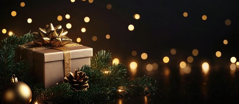 Elegant holiday gift box adorned with golden ornaments and fir branches against a dark backdrop creating a cozy Christmas ambiance