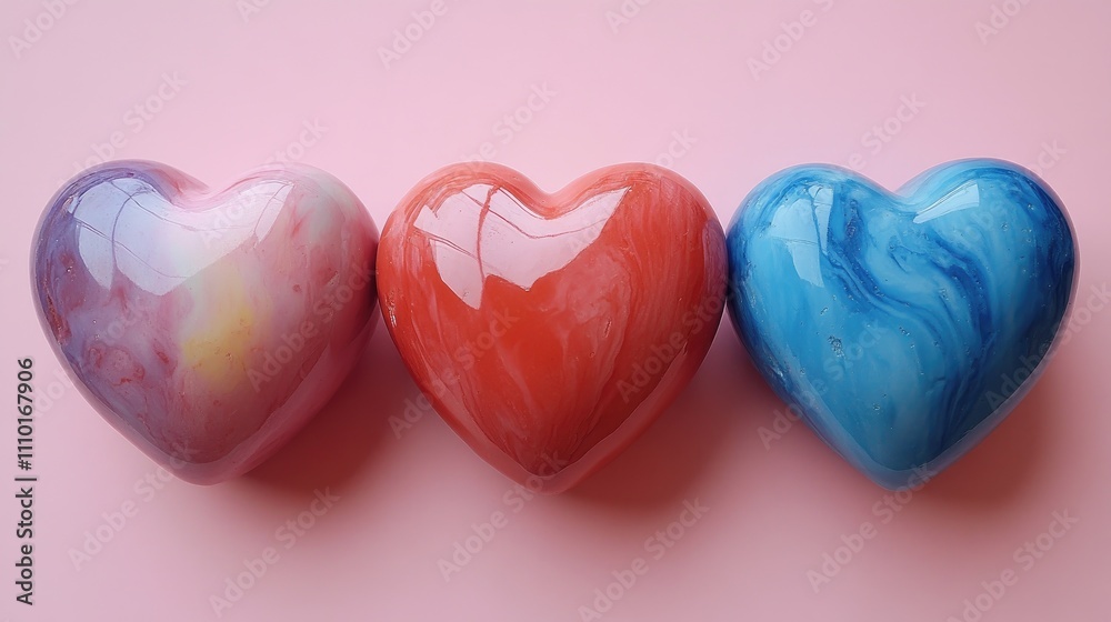 Poster colorful heart-shaped decorative objects arranged on a soft pink background showcasing vibrant hues 