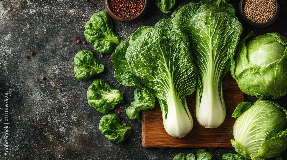 Aufkleber fresh bok choy and green cabbage displayed on a rustic wooden board with scattered seeds and greens 