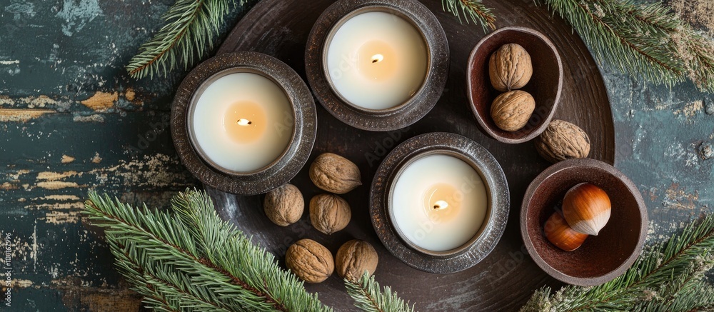 Poster holiday candles surrounded by fir branches and assorted nuts on a rustic table setting for festive a