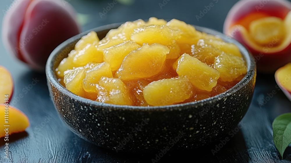 Poster fresh peach jam in a textured bowl with sliced nectarines on a dark background showcasing vibrant co