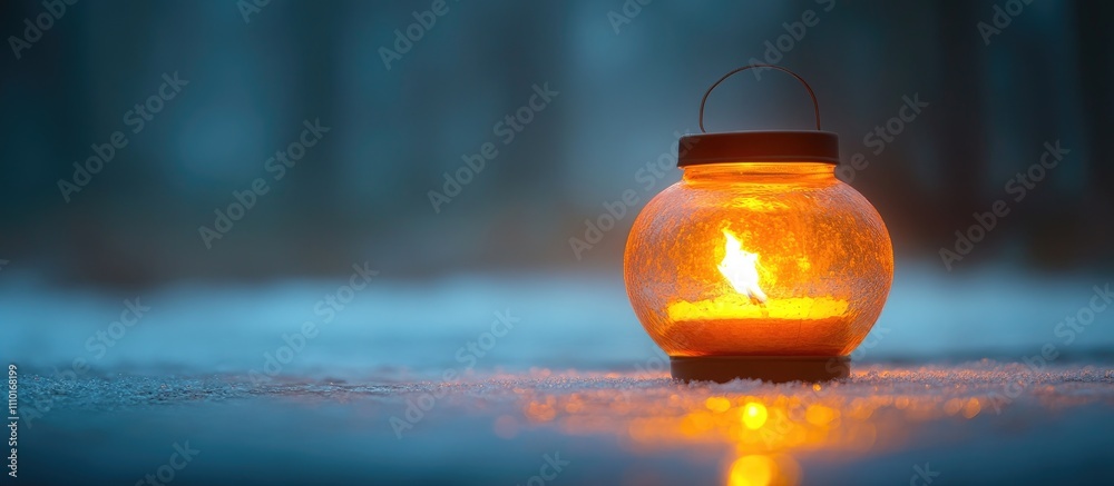 Poster Warm ambient lantern glowing softly on a reflective surface in a serene winter setting with a blurred background atmosphere