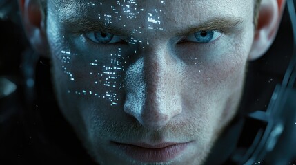 Young businessman engages with futuristic digital interface showcasing ASP NET technology in an innovative workspace environment.