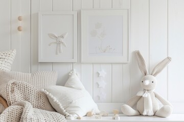 Minimalistic cozy interior of children's room in light shades with two framed poster paintings on the wall. Objects for design, mockup images in frame. Children's toys in interior
