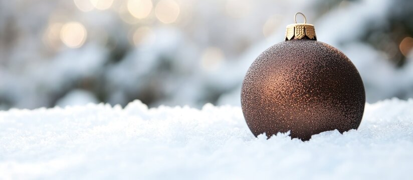 Brown Christmas bauble on a snowy surface creating a festive holiday atmosphere with blurred background lights for seasonal decoration theme