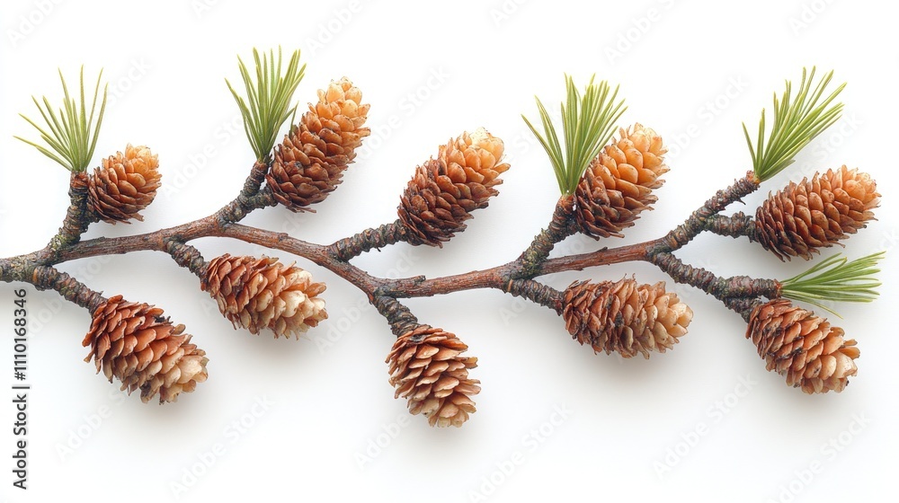 Poster Larch tree branch with green and dried cones on a white background showcasing coniferous elements and natural textures