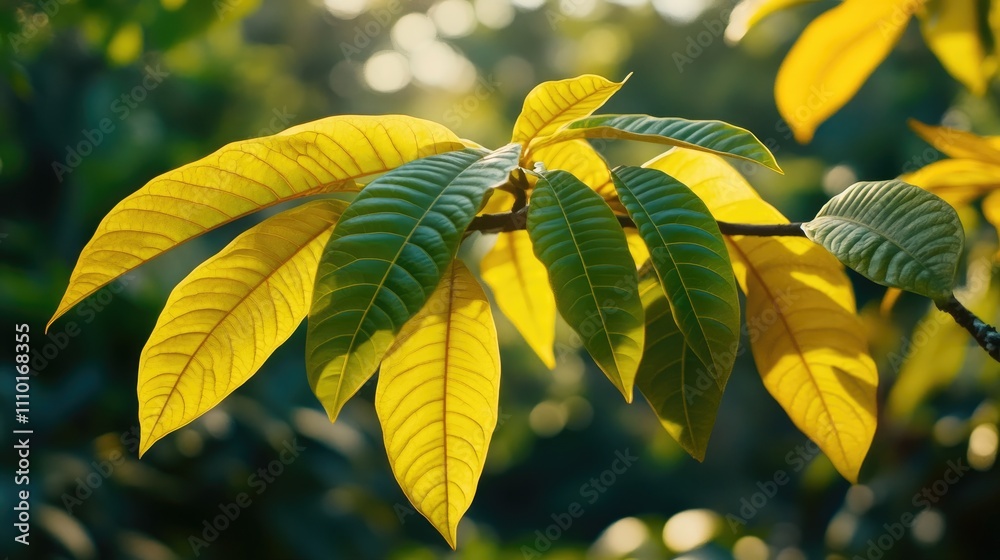 Aufkleber vibrant green and yellow leaves with soft bokeh background creating a serene natural atmosphere for 