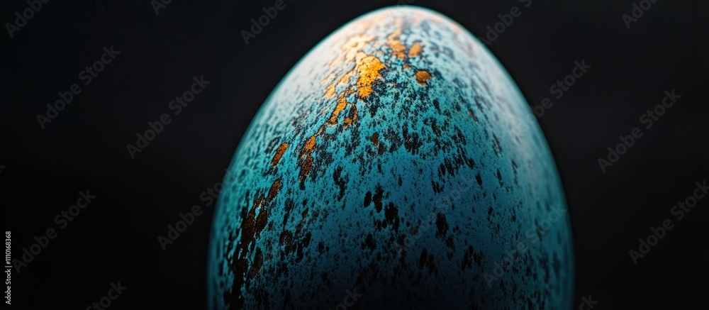 Poster Close-up of a textured blue multicolored egg with orange accents against a dark background showcasing artistic details and unique patterns