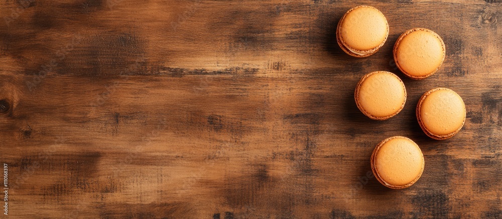 Poster deliciously arranged macarons on a rustic wooden background showcasing tasty desserts with ample neg