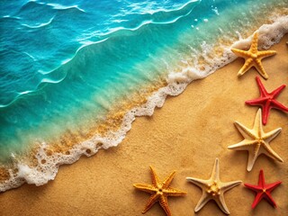 Aerial View of a Serene Sea with Starfish and Kraft Paper Space for Text - Perfect for Invitations and Greeting Cards in a Vertical Composition