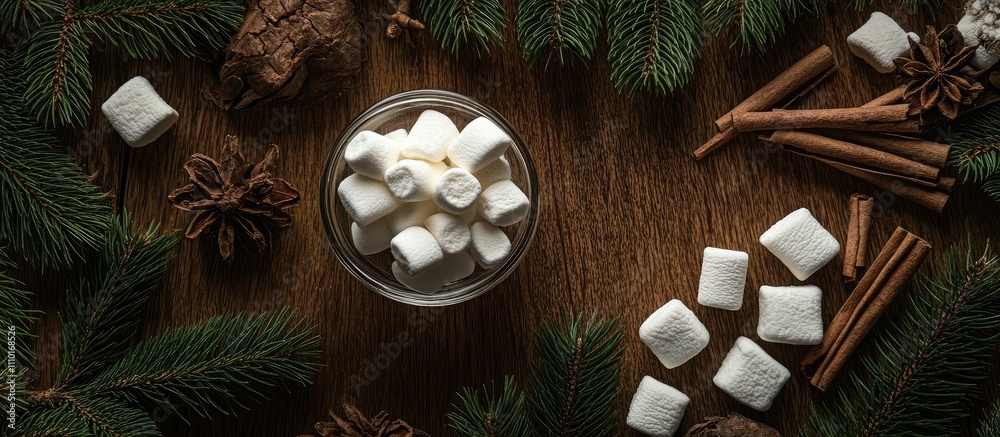 Poster Christmas rustic backdrop with marshmallows cinnamon and pine branches on wooden surface overhead view with ample copy space for text