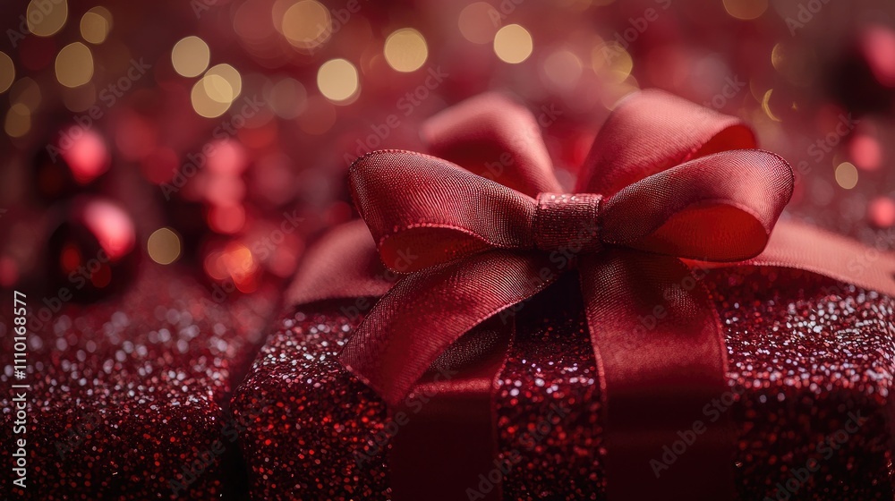 Aufkleber elegant red gift bow on a sparkling present with soft blurred background ideal for holiday themes an