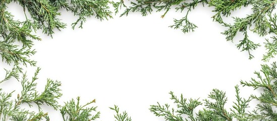Christmas fir branch border on white background with flat lay arrangement, empty space for text or decorations, festive nature concept.