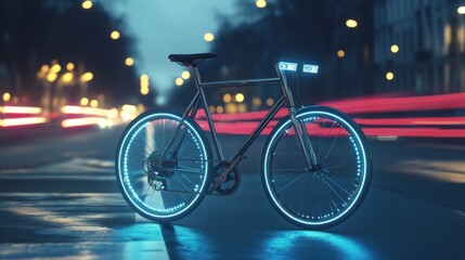 Fototapeta premium A Modern Bicycle with Neon Lights on the Wheels at Night