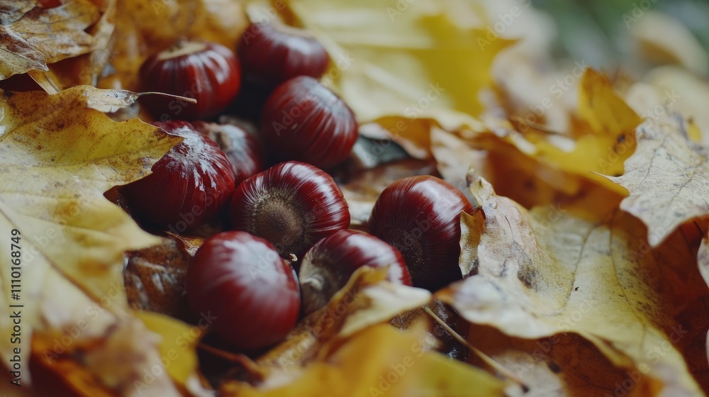 Poster Chestnuts resting on colorful autumn leaves creating a natural seasonal display on a textured surface