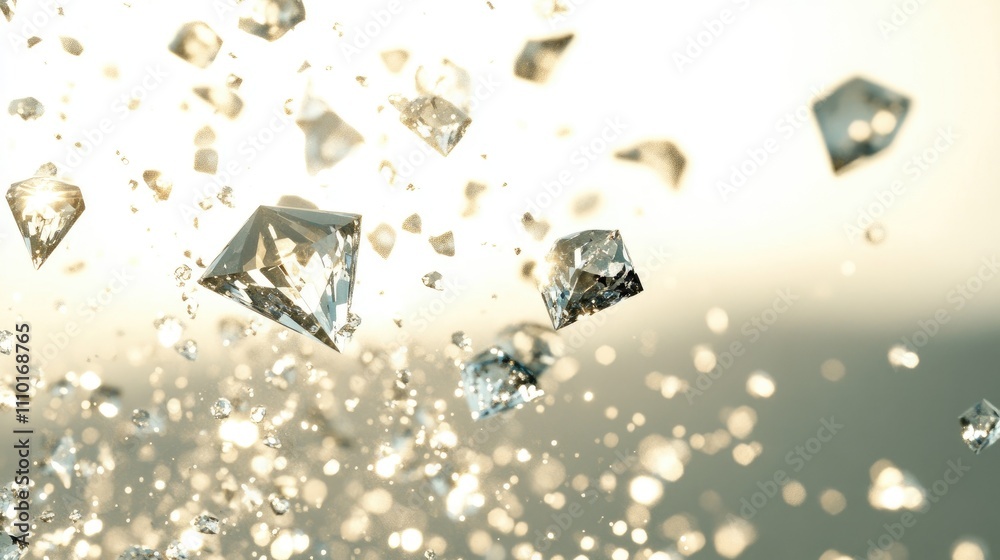 Poster sparkling diamonds and crystals scattered on a bright white background creating an elegant and luxur