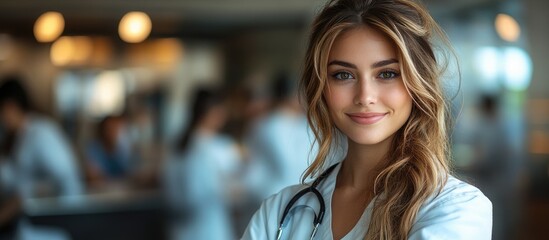 Confident female physician smiling in a medical environment with colleagues in the background showcasing professionalism and teamwork