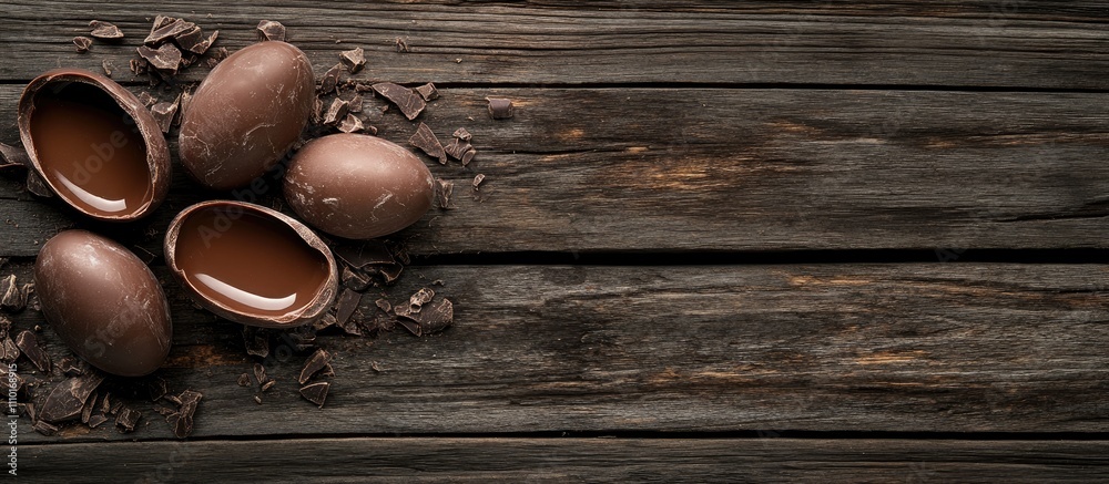 Aufkleber chocolate easter eggs arranged on rustic wooden surface with chocolate shavings and ample copy space