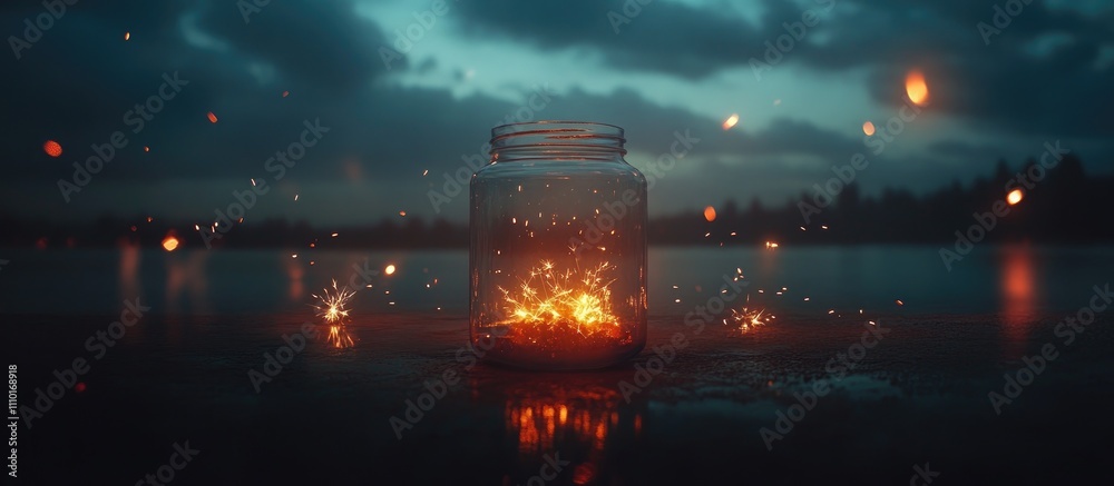 Poster bengal lights glowing in a glass jar against a vibrant night backdrop creating a festive atmosphere 
