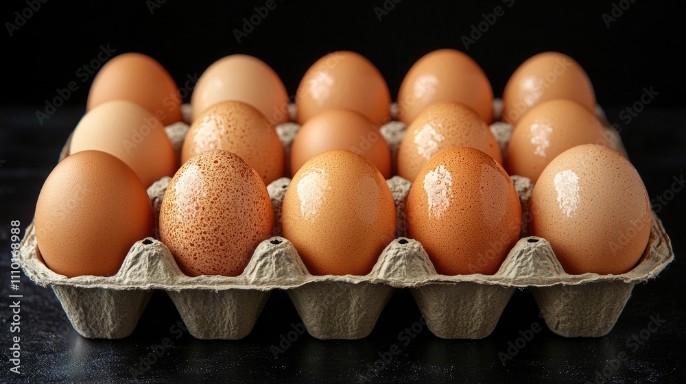 Aufkleber fresh chicken eggs arranged on a carton tray with a sleek black background showcasing their natural 