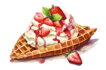 Viennese waffle with curd cream, whipped cream and fresh strawberries on a white background. Watercolor illustration. Tasty sweet dessert, food. Object for design