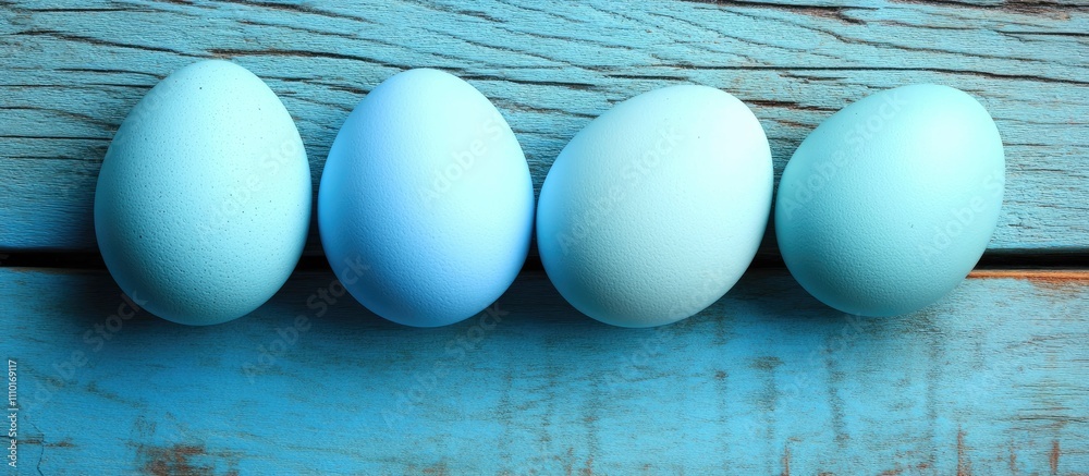 Poster pastel blue easter eggs arranged on a rustic wooden table creating a serene and festive atmosphere f