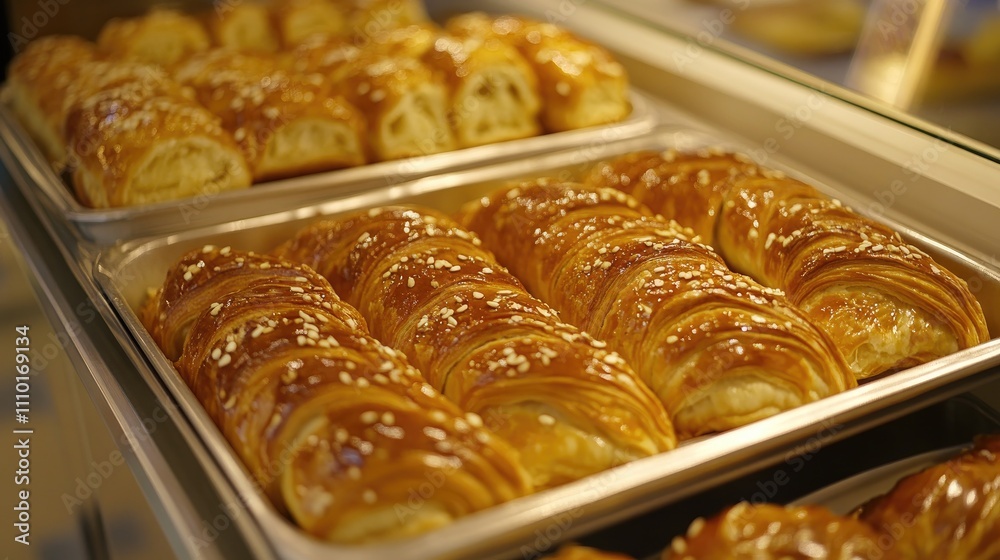 Aufkleber freshly baked golden pastries arranged neatly on a display tray in a bakery setting, inviting and de