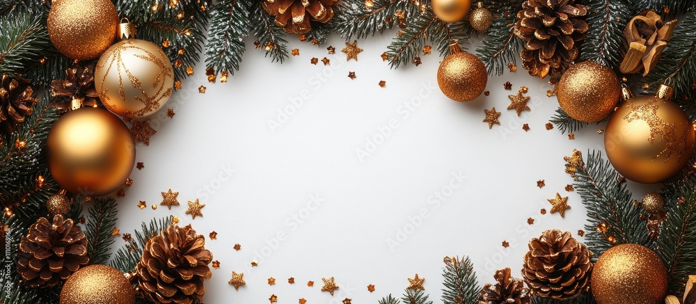 Poster Christmas flat lay with golden garland and baubles on white background creating a festive greeting card border with copy space.