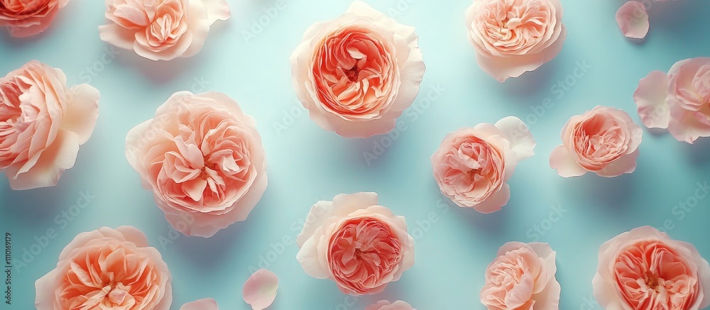 Poster elegant cluster of blooming pink roses arranged on a soft blue background, captured in a close-up to