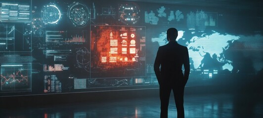 Futuristic Businessman Analyzing Global Data on a Giant Interactive Screen