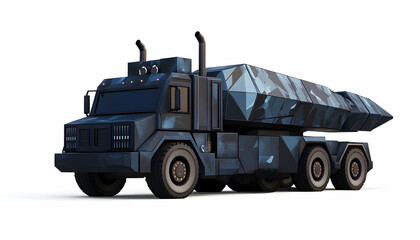 Obraz premium A stylized military truck with a geometric design, likely intended for transporting missiles.