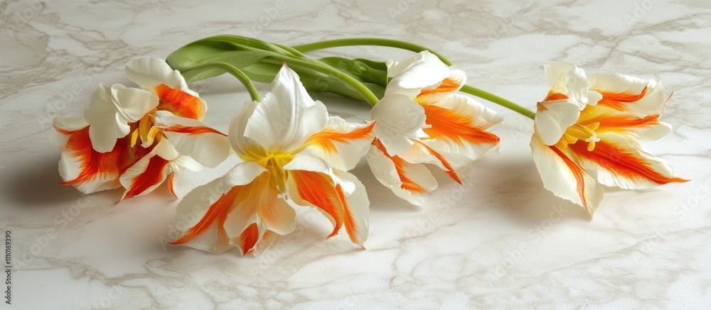 Poster vivid orange and white tulips on a marble surface symbolizing spring with space for customizable hol