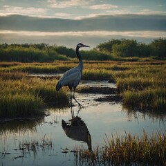 A crane standing in the middle of a tranquil wetland.

