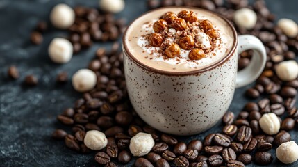 Melange coffee is a creamy, indulgent beverage topped with crunchy nuts, surrounded by a rich backdrop of coffee beans, creating a cozy and inviting atmosphere.