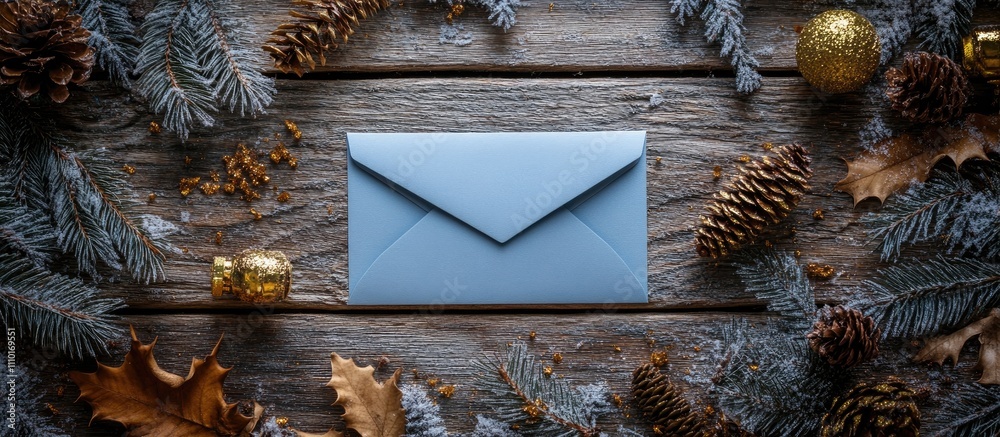 Poster winter rustic scene featuring a blank blue envelope surrounded by golden toys pinecones and evergree