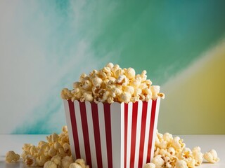 Delicious popcorn in a striped box with a festive background.