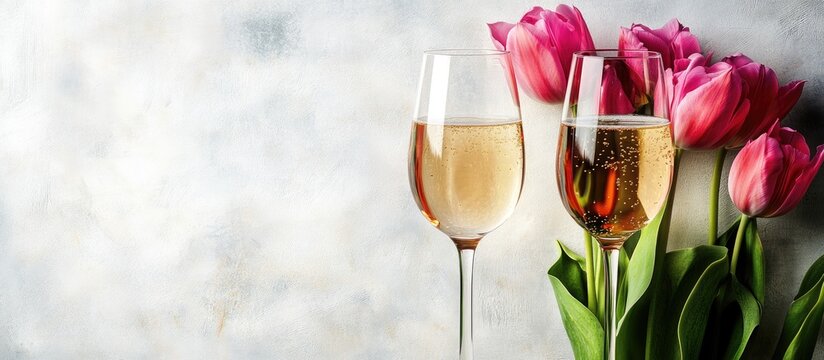 Fresh pink tulip bouquet and two champagne glasses on a rustic white wooden table with elegant copy space for celebration themes