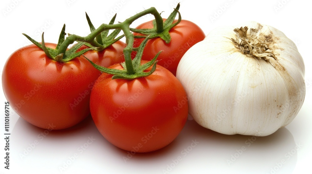 Aufkleber fresh red tomatoes and garlic bulb arranged on a clean white background highlighting natural and vib