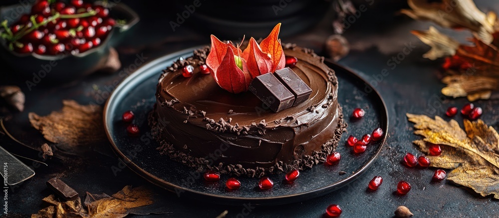 Poster Decadent chocolate cake adorned with physalis and pomegranate on a rustic table surrounded by autumn leaves and chocolate pieces
