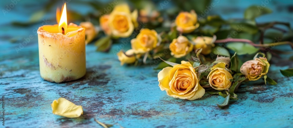 Poster burning candle beside yellow roses on a distressed blue table creating a warm and inviting atmospher