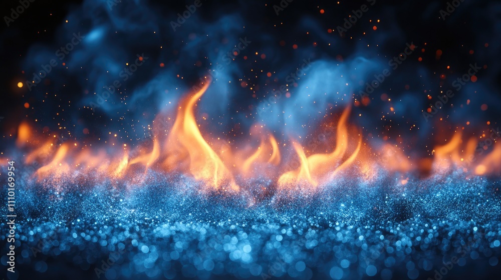 Poster blue firestorm with vibrant blue and orange flames on a dark background creating an abstract impress