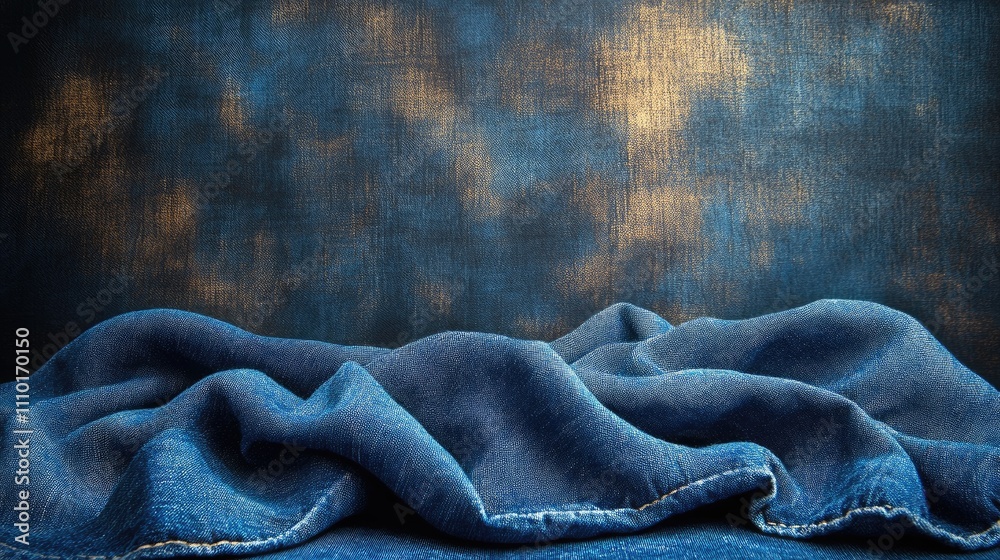 Poster blue textured denim fabric draped against a soft backdrop creating an artistic and elegant display p
