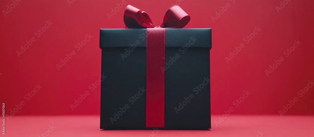 Aufkleber elegant black gift box adorned with a vibrant red ribbon against a striking red backdrop creating a 