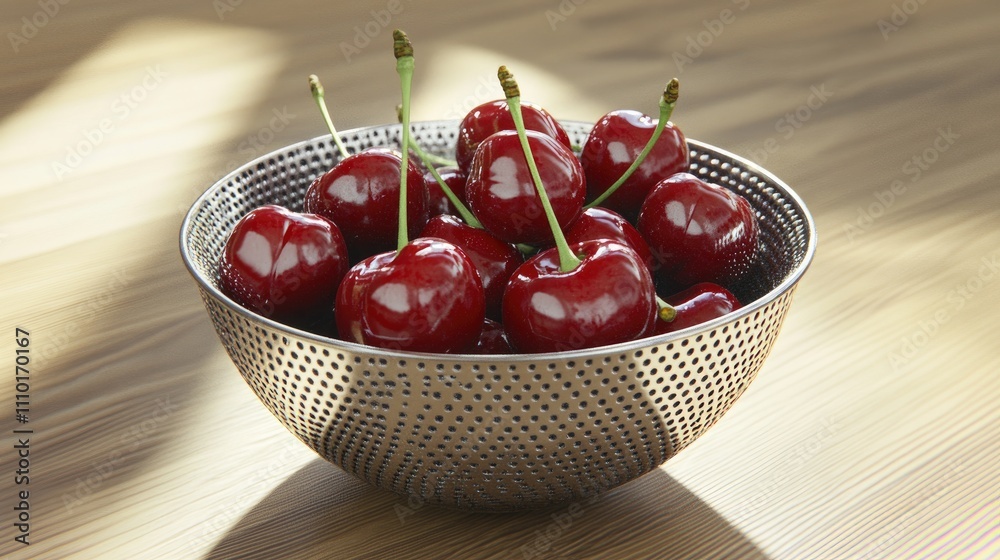 Poster bowl of glossy ripe cherries resting on a rustic wooden table surface perfect for summer culinary co