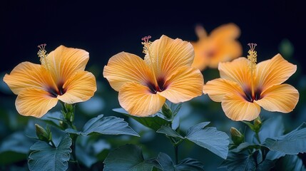 Obraz premium Vibrant yellow hibiscus flowers in full bloom against dark background