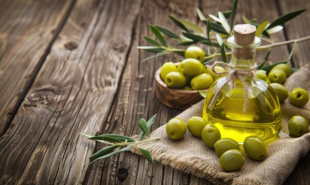 Fresh Olive Oil with Green Olives on Rustic Wooden Table - Ideal for Culinary and Health Projects with copy space.